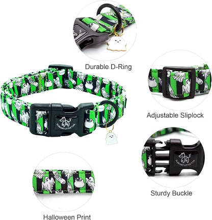 Elegant little tail Halloween Dog Collar, Ghosts Print Fall Male Cute Puppy Adjustable Cotton Pet Collar with Quick Release Buckle for Small Medium Large Dogs