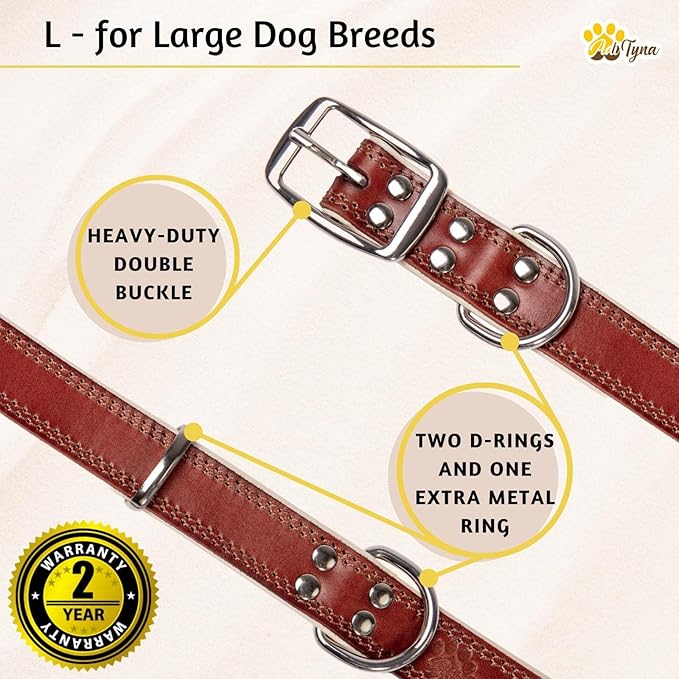 ADITYNA Heavy-Duty Leather Dog Collar for Large Dogs - Soft Padded for Comfort - Large Dog Collar for Walking, Training, and Hiking