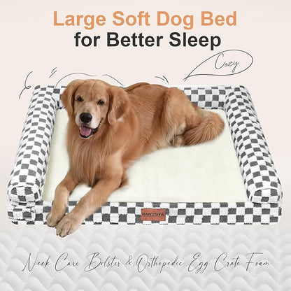 Large Dog Bed Orthopedic Washable: Beds Bolster XL Bed Medium Large Dogs Egg Crate Foam Couch Sofa Waterproof with Removable Cover - Dark Grey Grid