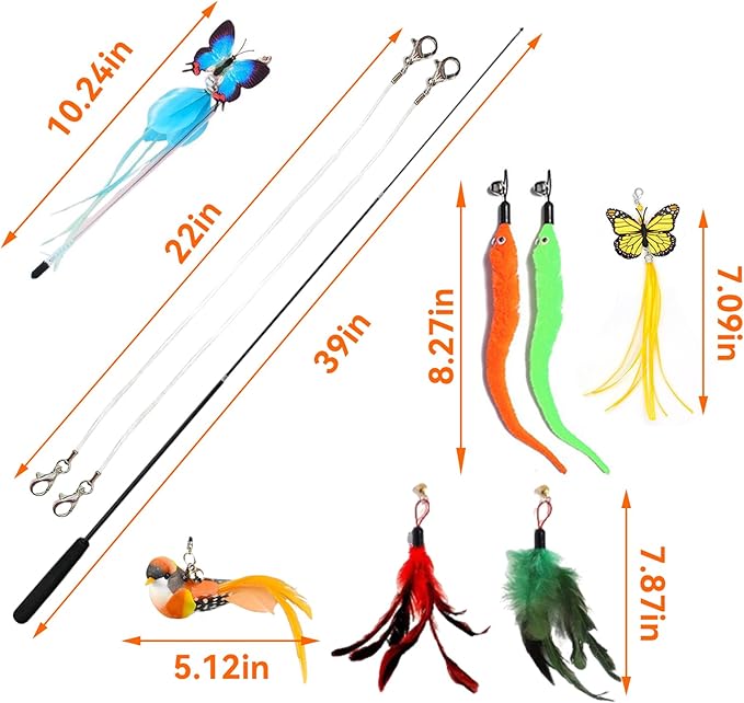 Blrmba Cat Toy Set 11PCS: Interactive Bird Toys for Indoor Kittens & Cat Teaser Wand, 39" Fishing Pole + 18.5" Short Telescopic Wand, 2 Wires, 6 Feather & 1 Bird Toy – EVA Handles, Exercising, Playing
