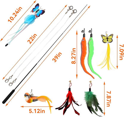 Blrmba Cat Toy Set 11PCS: Interactive Bird Toys for Indoor Kittens & Cat Teaser Wand, 39" Fishing Pole + 18.5" Short Telescopic Wand, 2 Wires, 6 Feather & 1 Bird Toy – EVA Handles, Exercising, Playing