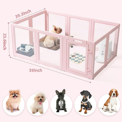 LoveTail DIY Clear Acrylic Dog Playpen House,Quick Easy Assembly and Disassembly,Strong Floor Suction,Indoor and Outdoor Use,Easy Cleansing Puppy Fence (Skin Pink, 23.6" H, 10PCS)