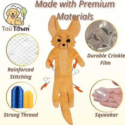 Fennec Fox Dog Toy – Squeaky & Crinkle Plush – No Stuffing Chew Toy for Small Medium Large Dogs Puppies & Seniors – Interactive Safe Soft Toy for Tug Fetch Play – Tail Town