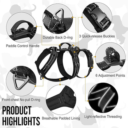 OneTigris Dog Harness No Pull, Adjustable Tactical Harness with Soft Padding, Y-Shaped Reflective Easy Walk Dog Harness for Medium and Large Dogs