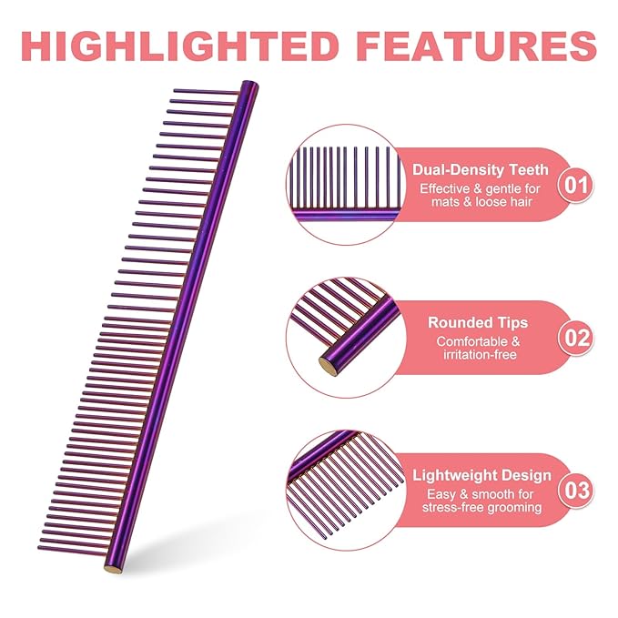 PETAXCELL Dog Cat Comb, Pet Combs Stainless Steel Teeth with Rounded Ends for Knots Mats Loose Hair Removal, 6.5IN (Purple Plated, 3 Pack), Grooming Tool Intended for Long Curly Hair Pet