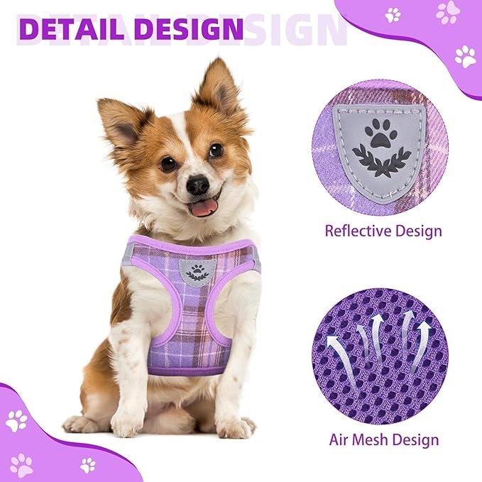KOOLTAIL Dog Harness and Leash Set for Small Medium Dogs, Step in No Pull Soft Mesh Dog Harness Comfort Padded Pet Vest, Adjustable Reflective Easy Walking Puppy Cats Harness Training, Plaid Purple XS