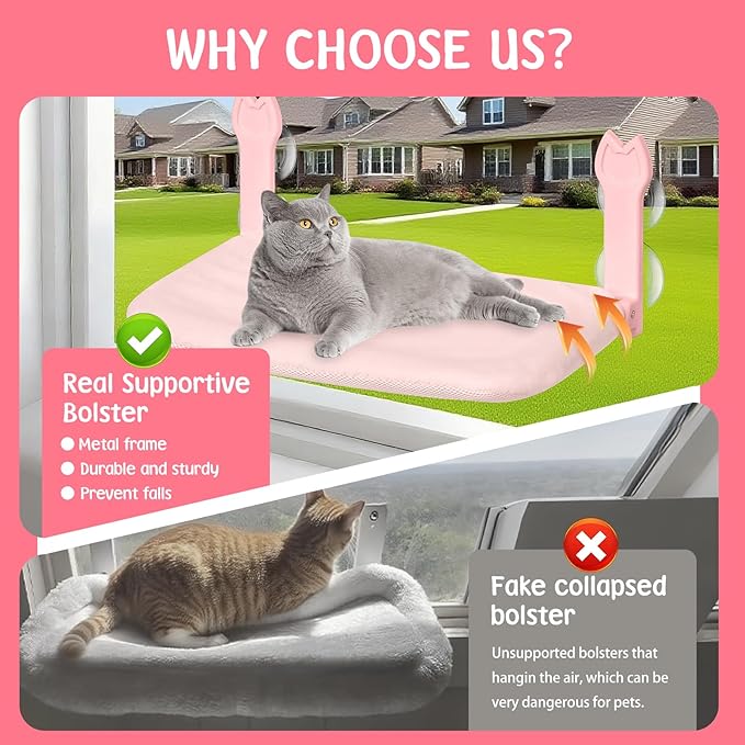 2 Pack Cat Window Perch,Cat Window Hammock Cordless Foldable Window Bed with 4 Large Strong Suction Cup,Reversible Cushion Cover,Metal Frame Easy to Adjust Window Seat Holds up to 40lbs(Pink，M)