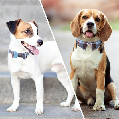 KOOLTAIL Small Boy Dog Collar and Leash Set with Bowtie and Bells - Male Puppy Collar and Leash with Classic Plaid Matching Pattern, Soft Leather Leashes for Small Dogs Boys,Shirt Collar Plaid