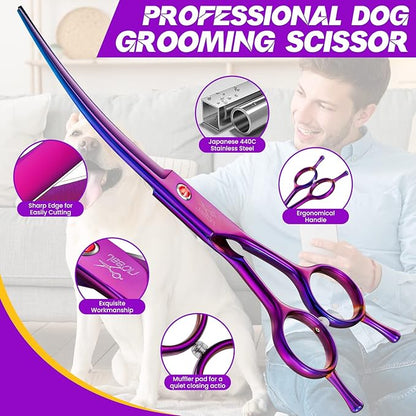 JASON Curved Shears for Dogs - 7.5" Pet Grooming Scissors with Ergonomic Handle Japanese Stainless Steel Trimming Scissor for Dogs, Cats and Other Pets, Sharp (Up-Curved, Purple) Christmas Gift