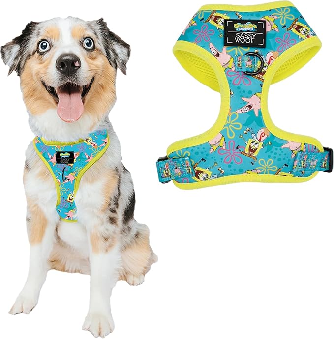 Sassy Woof Dog Adjustable Harness - Spongebob Squarepants™ Jelly Fishin' - M, Breathable Mesh, No Pull Design with Two D-Rings, Patented Design, Perfect for Medium Dogs - Officially Licensed