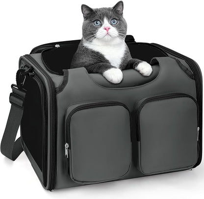Dog, Cat Carrier for Pets Up to 15 Lbs, Airline Approved Collapsible Soft-Sided Pet Travel Bag with Locking Zippers, Breathable Mesh and 4 Large Pockets, Removable Fleece Pad (Dark Grey)
