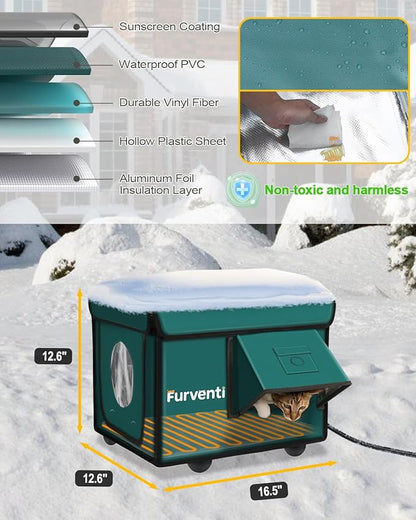 Heated Cat House for Outside with Dual Doors, Insulated Cat House Outdoor with Heating Pad, Weatherproof Heated Outdoor Cats Houses Weatherproof for Feral Cats (Deep Green, 17.5" L x 12" W x 13" H)