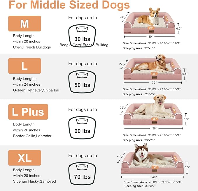 Large Dog Bed Orthopedic Washable: Beds Bolster XL Bed Large Big Dogs Egg Crate Foam Couch Sofa Waterproof with Removable Cover - Pink