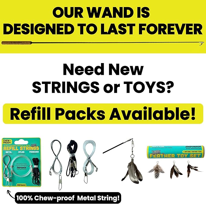 repounce Forever Stick - The Unbreakable Cat Wand Toy, Extra Long Durable Cat String Toy for Indoor Cats, Cat Fishing Pole Toy for Bored Indoor Adult Cats, Feather String Toy On Stick Enrichment