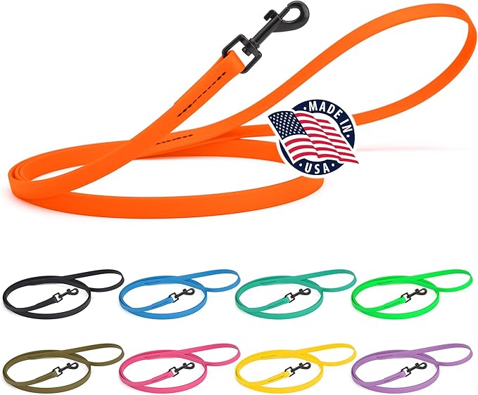 Dogline Biothane Waterproof Dog Leash 2/4/6 Ft Strong Coated Nylon Webbing with Black Hardware Odor-Proof Easy to Clean High Performance for Small or Large Dogs Made in USA, Hunter Orange