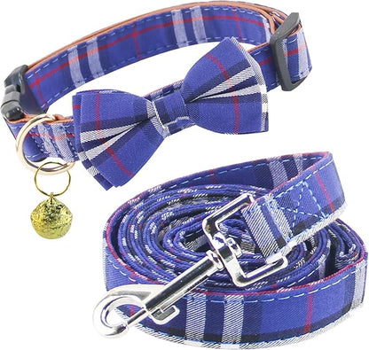 Yizepet Dog Collar and Leash Set-Plaid Puppy Collar with Bow Tie - Adjustable pet Collar for Dogs with Bell, Stylish Pattern for Small Medium or Large Boy and Girl Dog
