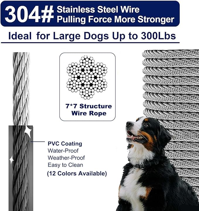 Extra Strong 100ft Tie Out Cable Chains for Large Dogs up to 300 Pound, 1000+Pound Break Strength Tieout Tether Trolley Training Lead, Reflective Dog Run Cable for Yard Garden Park Camping Outside