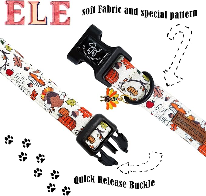 Elegant littlle Tail Thanksgiving Dog Collar, Turkey Pet Collars Soft Cotton Winter Dog Collar with Quick Release Buckle Pet Puppy Collars for Small Medium Large Dogs