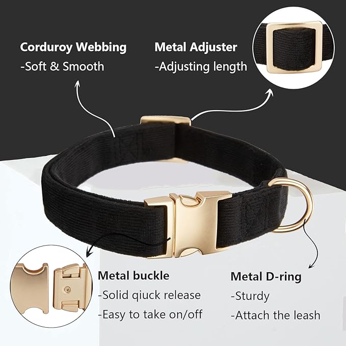 Ewinoom Soft Corduroy Dog Collar and Leash Set Adjustable Durable Dog Collars with Metal Buckle and Lead for Small Dogs,Black