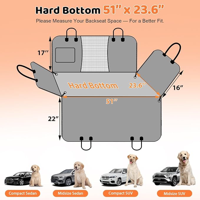 URPOWER Back Seat Extender for Dogs - Hard Bottom Dog Car Seat Cover with 1PC Leak-Proof Pee Pad, Dog Hammock for Car and SUV, Pet Rear Seat Protector Dogs Travel Bed