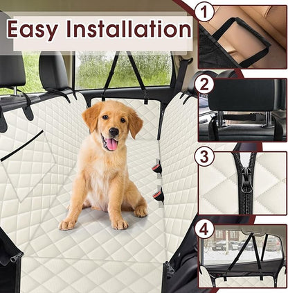 NECKORY Waterproof Dog Car Seat Cover for Back Seat - Durable, Scratch Proof Pet Hammock with Nonslip Design & Storage Pockets, Fits Cars, SUVs, Trucks - L, Beige/Black