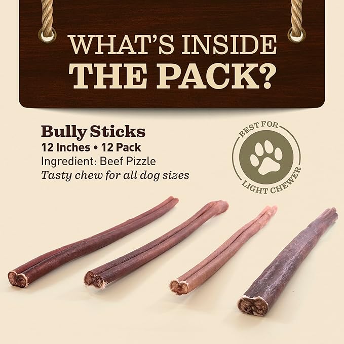 Pet Odor-Free Bully Sticks (12", 12 Pack) – 100% Grass-Fed Beef Pizzle Dog Chews, Fully Digestible & Long-Lasting Dental Treats
