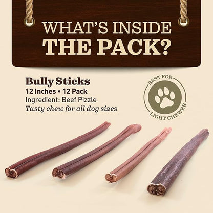 Pet Odor-Free Bully Sticks (12", 12 Pack) – 100% Grass-Fed Beef Pizzle Dog Chews, Fully Digestible & Long-Lasting Dental Treats