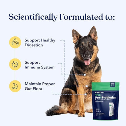 Honest Paws Probiotics for Dogs - Digestive & Immune Support Powder with Prebiotic Made in The USA, Chicken Flavor (30 Sticks)