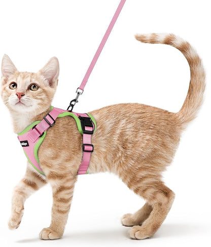 rabbitgoo Cat Harness and Leash for Walking, Escape Proof Soft Adjustable Vest Harnesses for Cats, Easy Control Breathable Reflective Strips Jacket, Pink&Light Green, S