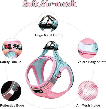 Mercano Soft Mesh Dog Harness and Leash Set, No-Chock Step-in Reflective Breathable Lightweight Easy Walk Vest Harnesses with Safety Buckle for Small Dogs, Cats (L, Pink Blue)