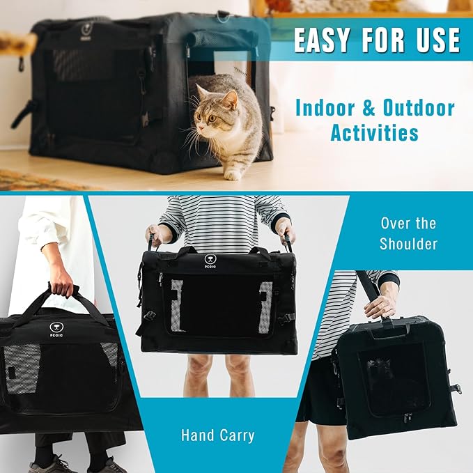 PEGIC Extra Large Cat Carrier for Car Travel, Pegic Soft Sided Collapsible Pet Carrier for Outdoor and Indoor Uses, Roomy Cat Carrier for 2 Kittens, Large Cat or Puppies Up to 50lbs (Black)