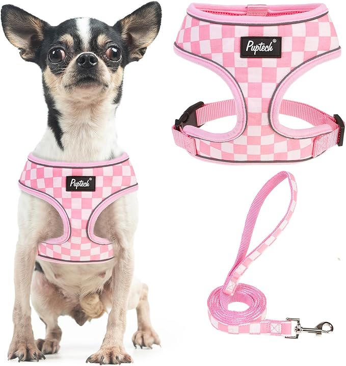 PUPTECK Soft Mesh Dog Harness and Leash Set Pet Puppy Cat Comfort Padded Vest No Pull Harnesses, Checkered Pink&White, XS