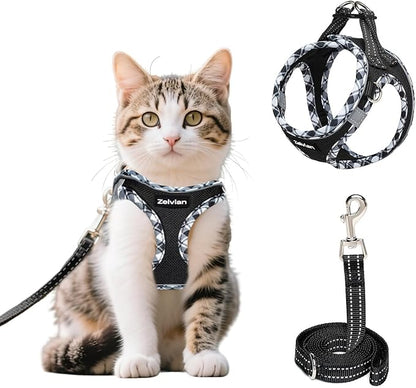 Zelvian Cat Harness and Leash Set for Walking, Escape Proof Adjustable Soft Mesh Kitten Harness with Reflective Strips, Breathable No-Choke Pet Vest for Small Cats or Puppies(Black,S)