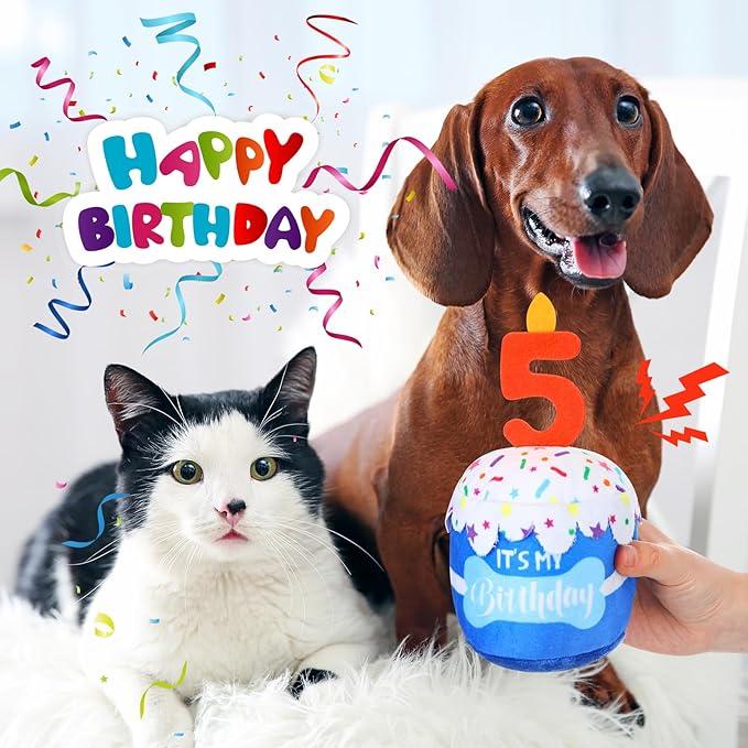 Dog Birthday Cake Toy Accessories for Girl Boy Gifts, Squeaky Plush Toy for Dog Birthday Party Decor Favor for Large, Medium and Small Dogs(5th,Blue)