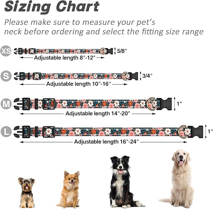 Reflective Dog Collar for Small Dogs, Cute Flower Theme Adjustable Heavy-Duty Nylon Puppy Collar for Boy and Girl Female, Soft Pet Accessories with Quick Release Buckle, Elegant Floral
