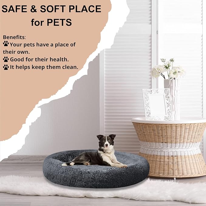 SAVFOX Plush Calming Donut Dog Beds for Small Dogs, Medium, Large & X-Large Breeds, Comfy Cuddler Dog Bed and Cat Bed in Faux Fur, Washable, Multiple Sizes S-XXL