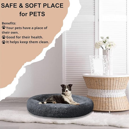 SAVFOX Plush Calming Donut Dog Beds for Small Dogs, Medium, Large & X-Large Breeds, Comfy Cuddler Dog Bed and Cat Bed in Faux Fur, Washable, Multiple Sizes S-XXL