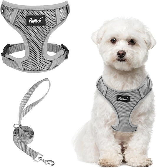 PUPTECK Small Dog Harness and Leash Set, No Pull Adjustable Puppy Cat Harness, Reflective Soft Mesh Pet Vest Small Sized, Grey, M