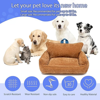 RAFASAFA Large Orthopedic Dog Sofa Bed with Sides, Carry Handle & Side Pockets .Plush Chenille Orthopedic Pet Bed Couch for Large Dogs.Portable Snuggler for Indoor Use, Travel & Recovery(Orange)