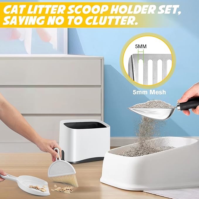 Cat Litter Scooper with Holder, Stainless Steel Cat Litter Scoop, Kitty Poop Scooper Stand for Litter Box, Cat Caddy for Litter Scoop, Fast Sifting Kitty Poop Scooper Caddy Poop Scooper Stand