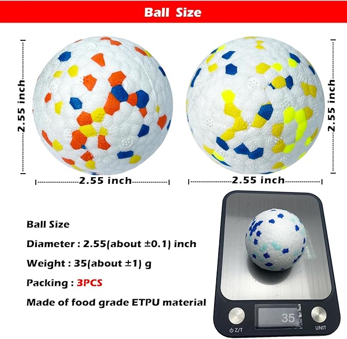 CAISHOW 3Pack Dog Ball Toys, 2.55 Inch Diameter, Odorless Bite-Resistant, White with Colorful Spots