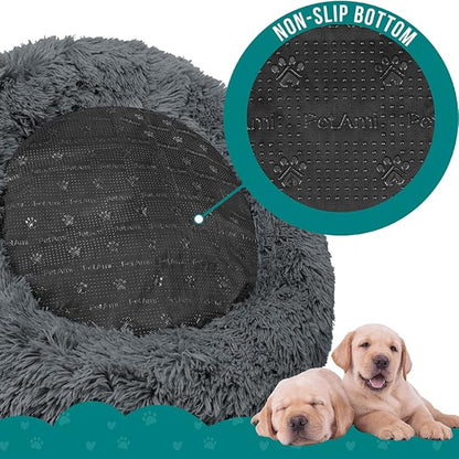 PetAmi Calming Dog Bed for Small & Medium Dogs and Cats, 23” Round Donut Dog Bed, Washable Fluffy Faux Fur Puppy & Cat Bed, Anti-Anxiety Plush Cuddler Pet Bed with Anti-Slip Bottom - Dark Gray