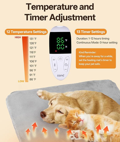 Ringco Pet Heating Pad for Dogs with 12 Adjustable Temperature, Waterproof & Chew Resistant Dog Heating Pad with Timer, Heated Dog Bed with Fleecy Cover (L: 32” x 20”)