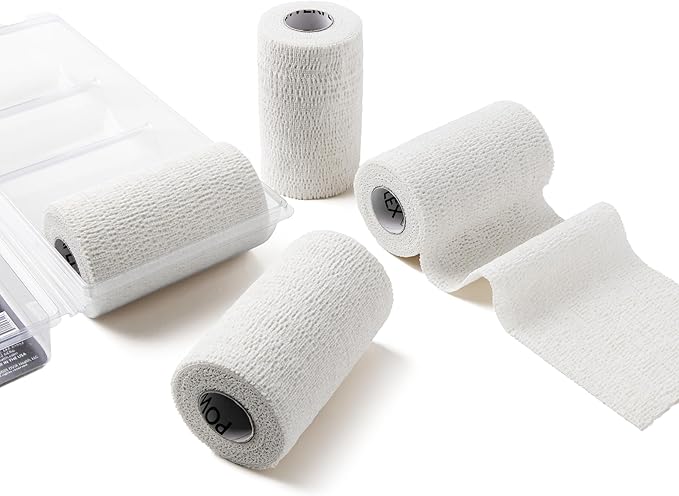 PowerFlex Equine – Extra Strong Self-Adhering Bandage Wrap – Wound Care, Compression & Support Bandage for Horses, Cows & Dogs – White, 4 inch, 4 Rolls (Resealable Case)