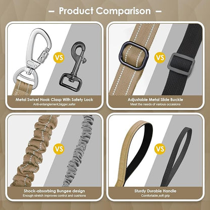 AUBELL Tactical Dog Leash Heavy Duty,4-6ft Reflective Strong No Pull Bungee Leash for Small Dogs with Comfortable Padded Double Handle,Car Seat Belt,360 Degree Rotating Carabiner,Brown