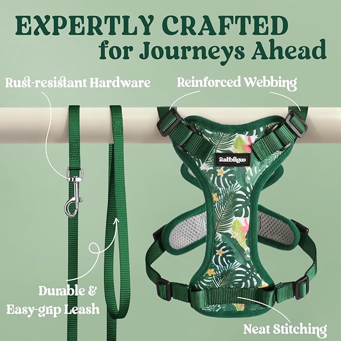rabbitgoo Cat Harness and Leash for Walking, Escape Proof Soft Adjustable Vest Harnesses for Cats, Easy Control Breathable Reflective Strips Jacket,Rainforest Green,S