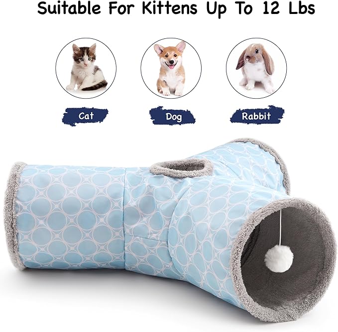 Tempcore Cat Tunnels for Indoor Cats Fleece-Lined in for Warmth, Pet Tube Toys 3 Way Collapsible, Pet Play Tunnel with Peek Hole Toy Ball for Kitty, Kitten, Rabbit, Geometry Blue