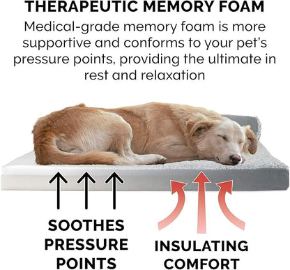 Furhaven Memory Foam Dog Bed for Large/Medium Dogs w/ Removable Bolsters & Washable Cover, For Dogs Up to 55 lbs - Two-Tone Plush Faux Fur & Suede L Shaped Chaise - Stone Gray, Large