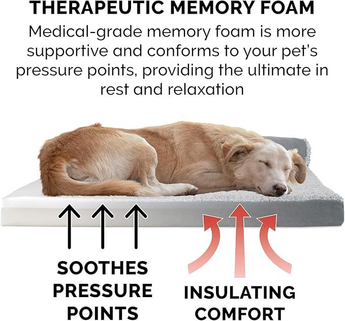 Furhaven Memory Foam Dog Bed for Medium/Small Dogs w/ Removable Bolsters & Washable Cover, For Dogs Up to 35 lbs - Two-Tone Plush Faux Fur & Suede L Shaped Chaise - Stone Gray, Medium
