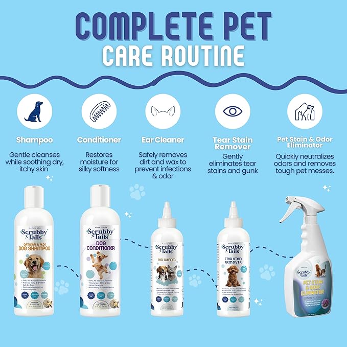 Scrubby Tails Organic Dog Shampoo - Puppy Oatmeal Shampoo for Itchy Skin Relief - Hypoallergenic for Sensitive Skin, for Dogs of All Ages, Deodorizes, Tearless, Made in USA, 16oz (Vanilla Ice Cream)